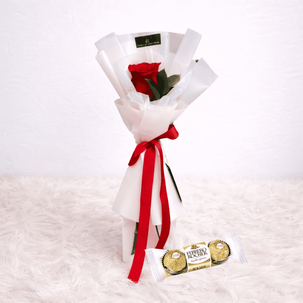 Mini ramo de 1 rosa y  Chocolate- Arreglo de flores