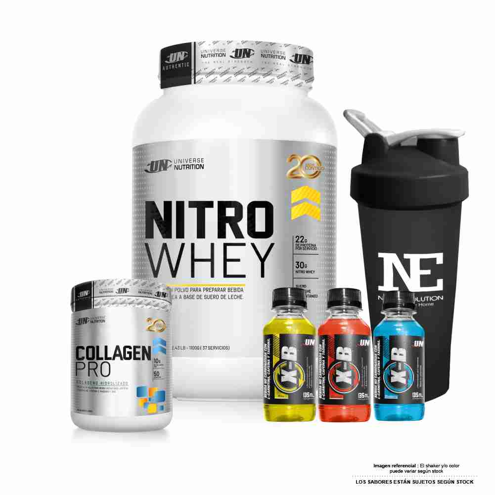 COMBO UNIVERSE NUTRITION - NITRO WHEY 1.100 KG. VAINILLA + COLLAGEN PRO 500 GR. FRUIT PUNCH + SHAKER