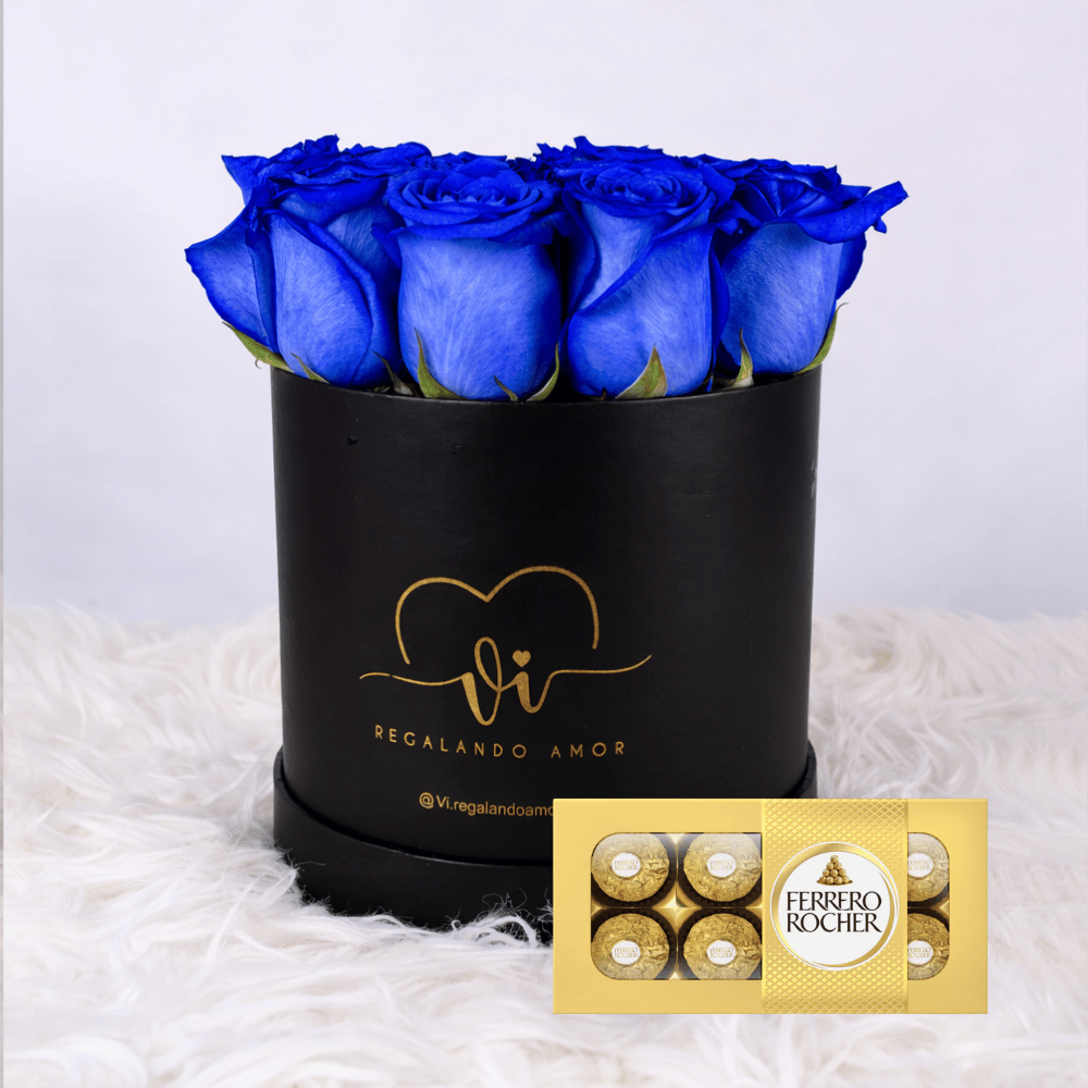 Box Dual Box Clasico Rosas Azules con  Ferrero Rocher 8u- Arreglo de flores