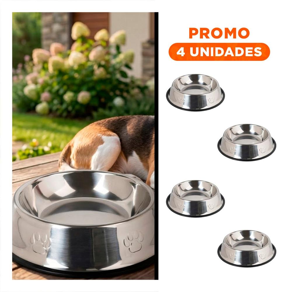 Pack4 Plato de Acero Pet con Huellas y Jebe L 26 Cm Practico y Seguro Y+Regalo Sticker