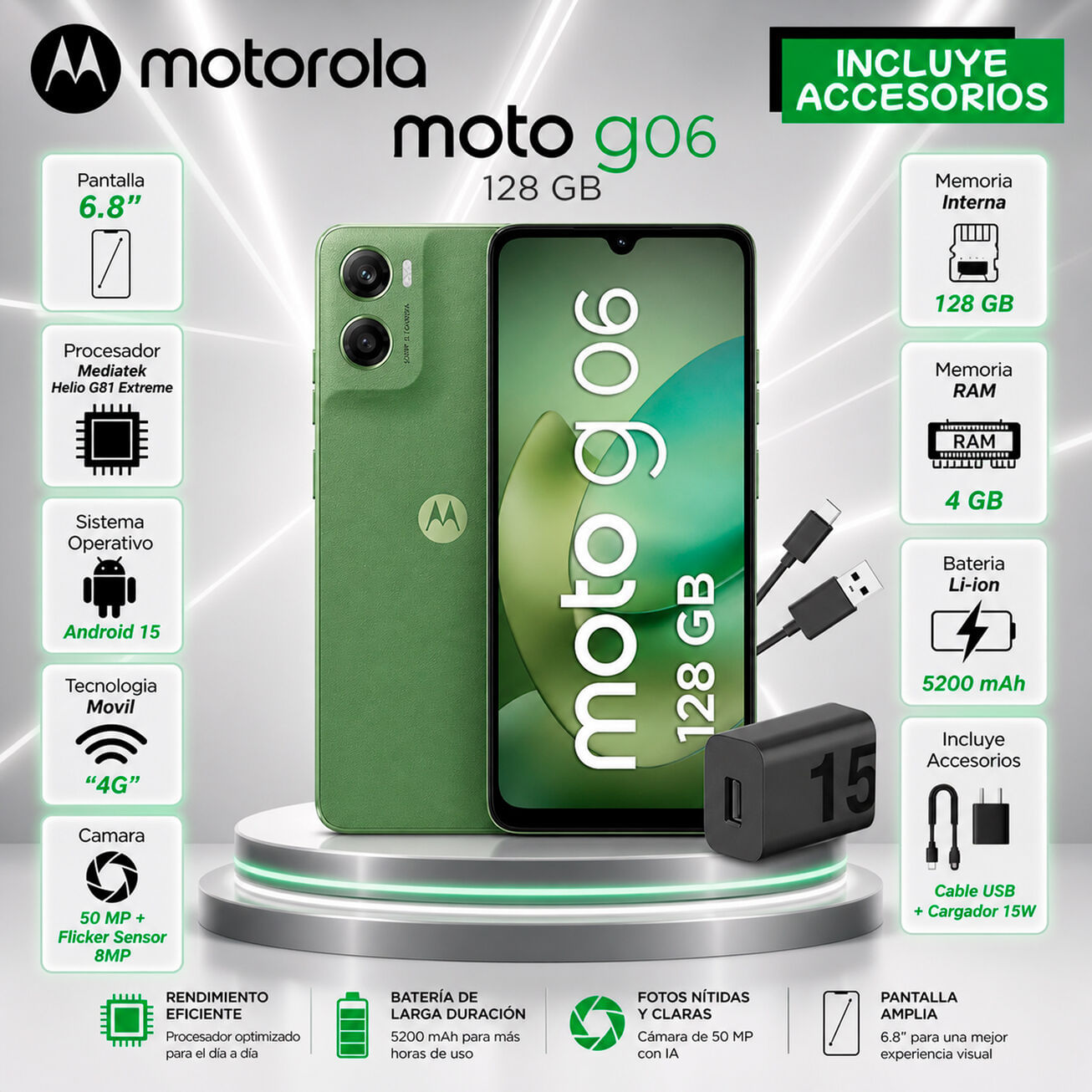Celular Motorola G06 6.8 Pulg. 4GB RAM 128GB Android 15 - Verde