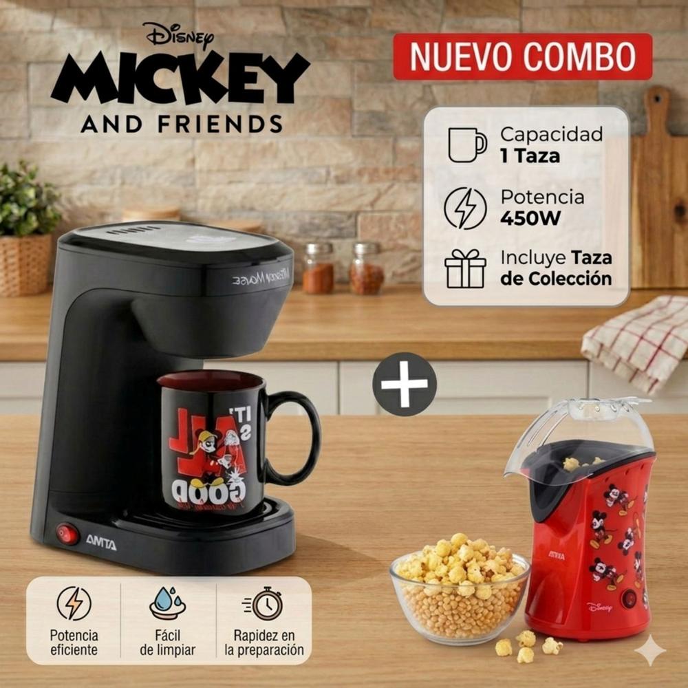 COMBO Cafetera Eléctrica Atma Disney - Pop Corn Maker Canchita Sin Aceite Atma Disney