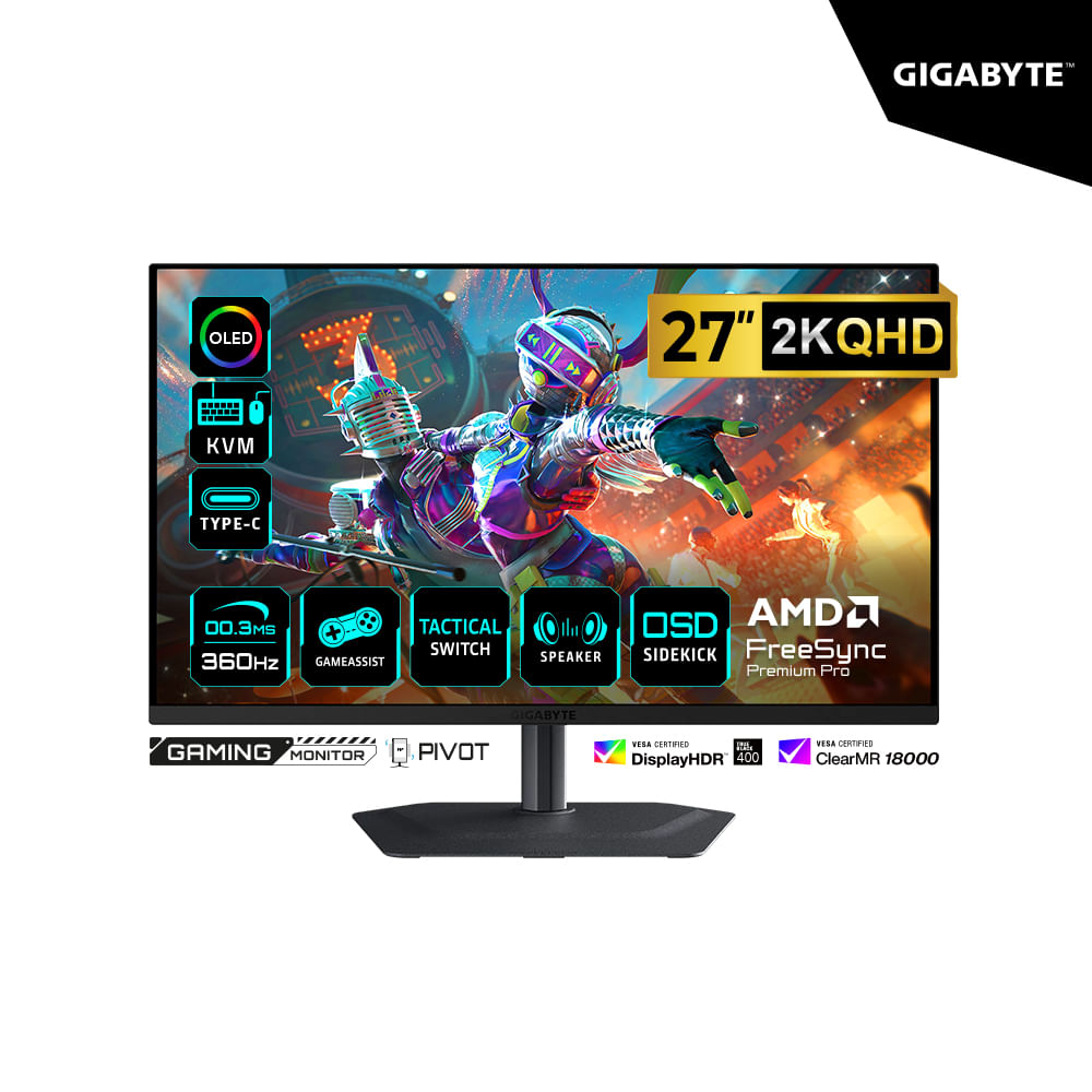 MONITOR GAMING GIGABYTE 27' MO27Q3 2K QHD 2560 x 1440 QD-OLED 360HZ 0.03MS HDMI DP PIVOT