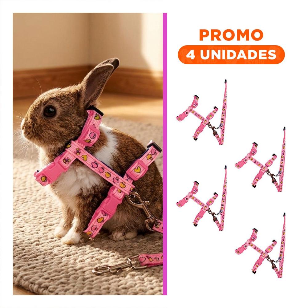 Pack4 Correa Segura con Arnes para Conejo y Gato Delgado en Rosado Y+Regalo Sticker