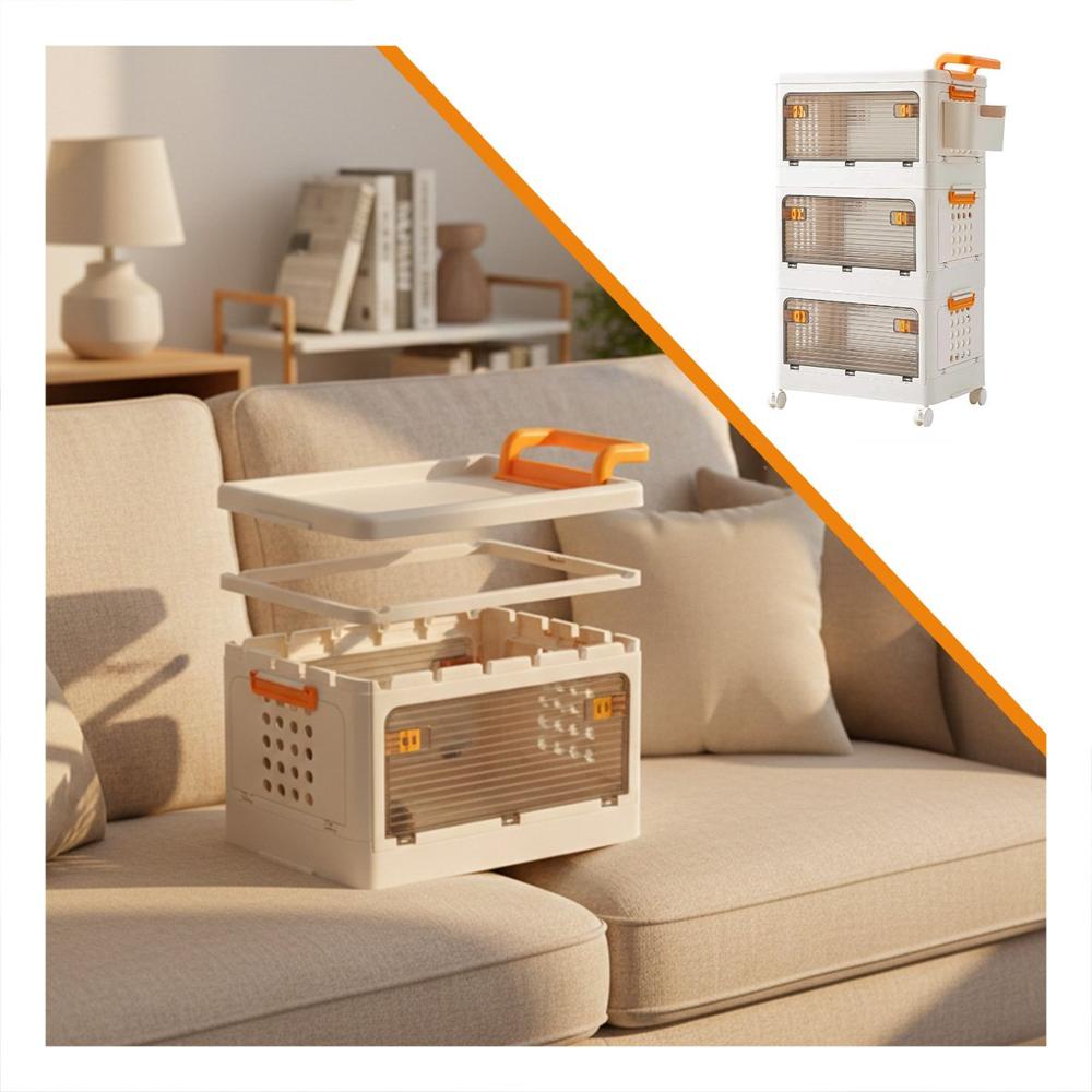 Mueble con Cajones Cerrado 3 Niveles Beige Asa Naranja para Organizacion Y+Ligas Regalo