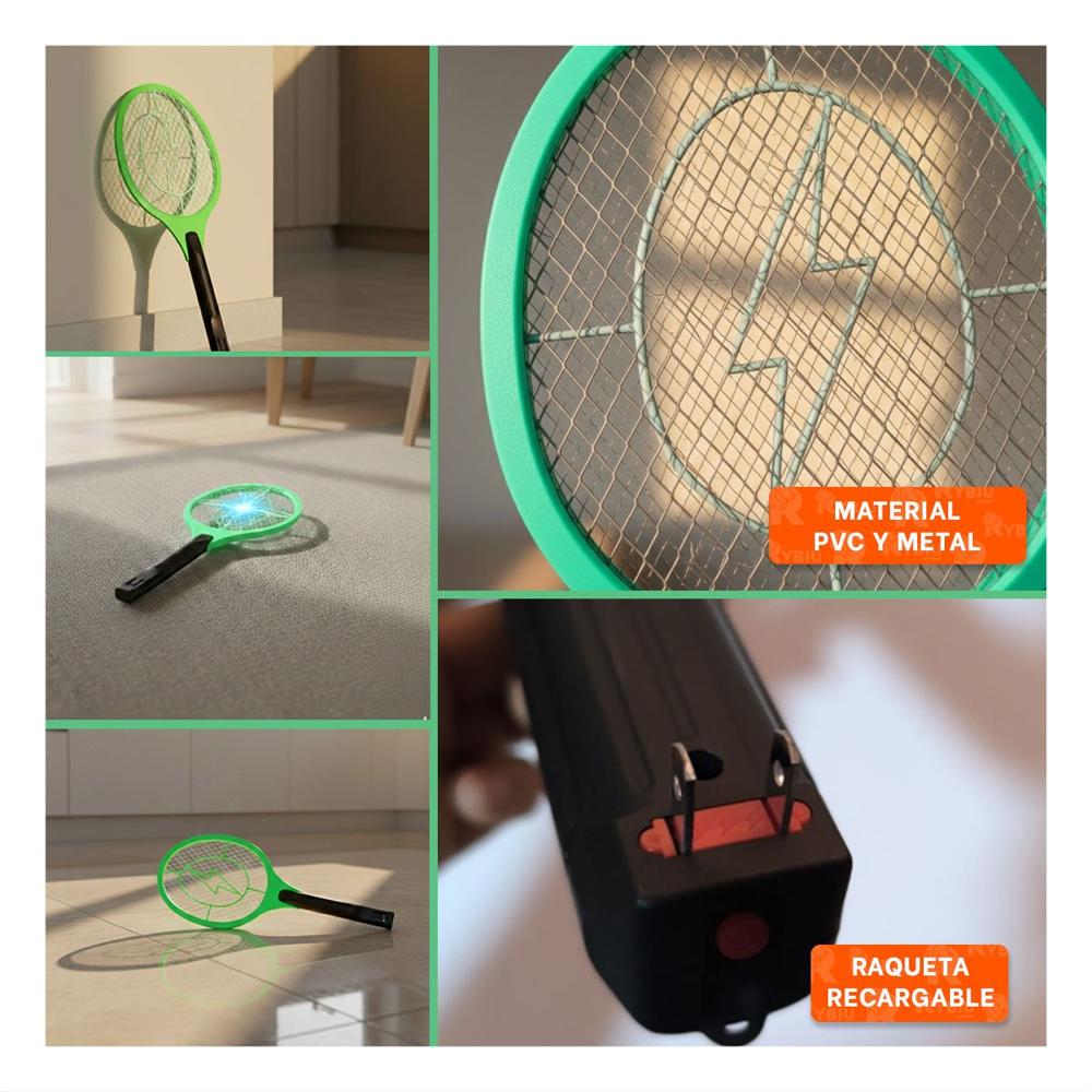 Raqueta Mosquitera Verde Mango Negro para Casa y Control de Insectos Voladores