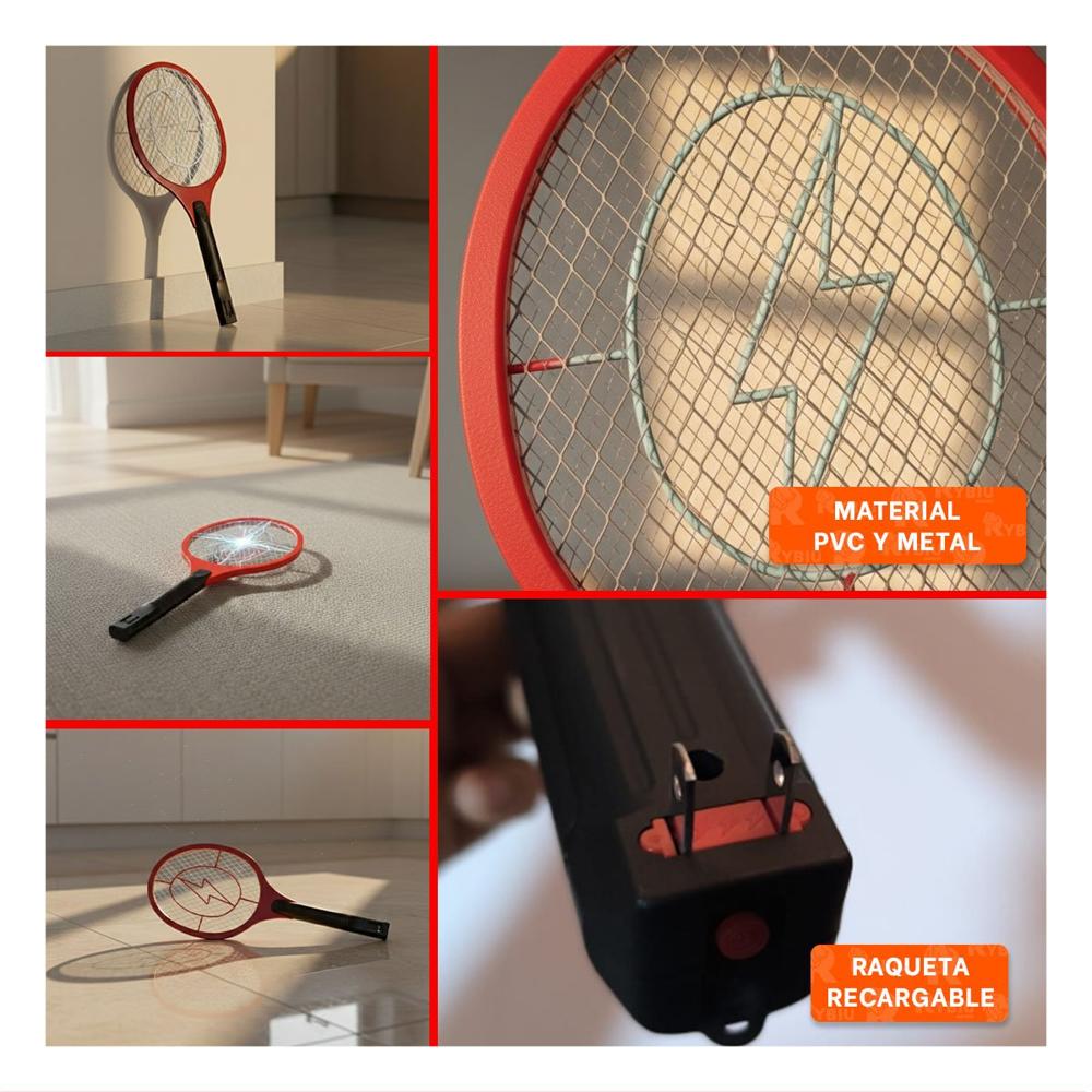 Raqueta Mosquitera Rojo Mango Negro para Casa y Control de Insectos Voladores