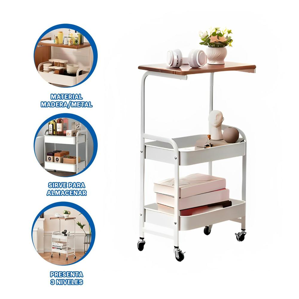 Carrito Estante con Mesa 3 Niveles Forma Moderna con Ruedas Blanco Y+Ligas Regalo