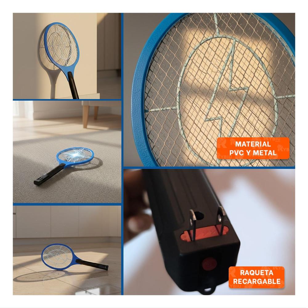 Matamoscas Electrico Azul para Hogar con Mango Negro y Control de Insectos