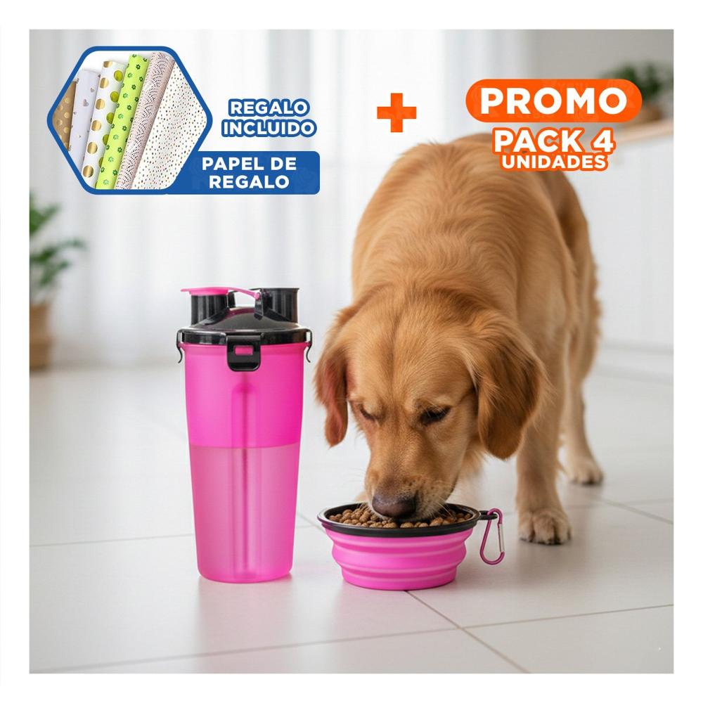 Pack4 Contenedor con Plato Plegable Integrado para Mascota Rosado Y+Papel Regalo