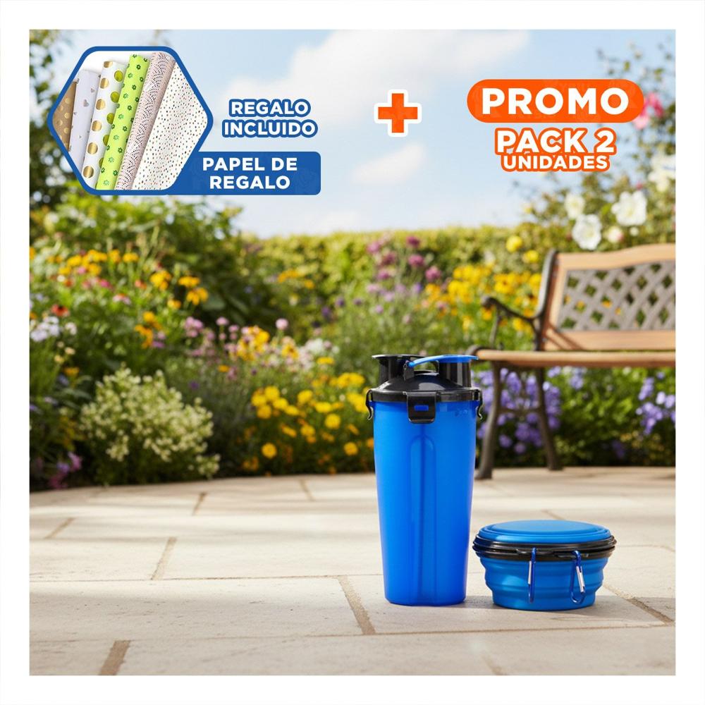 Pack2 Recipiente Compacto para Agua y Comida Azul Y+Papel Regalo