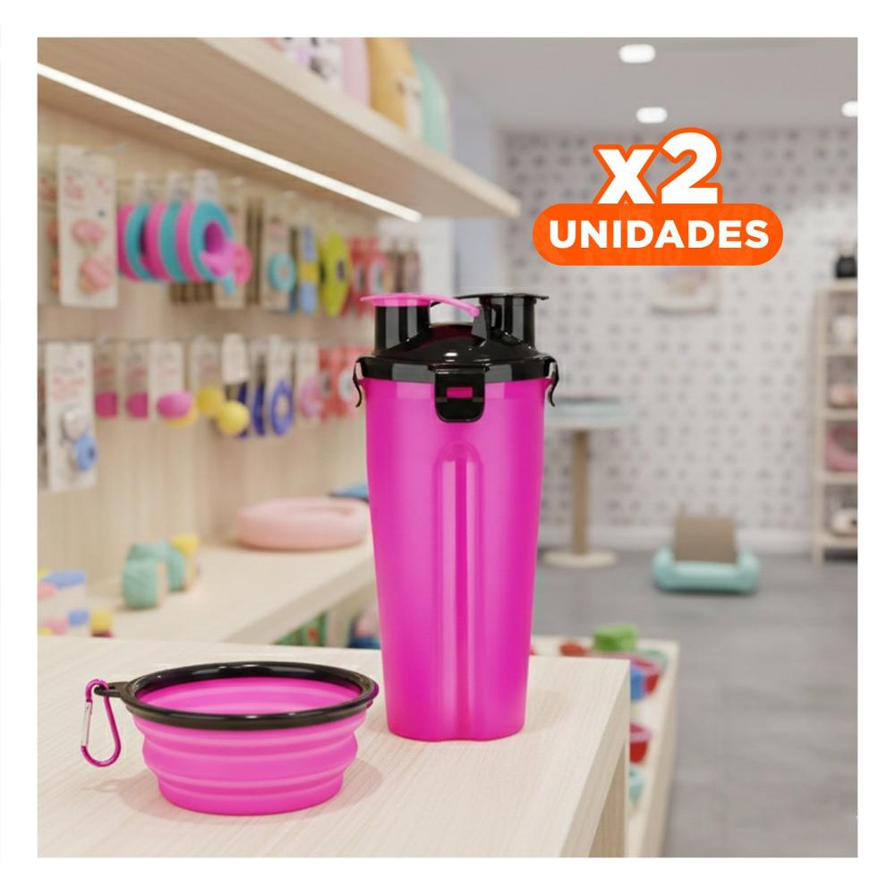 Pack2 Recipiente Practico con Plato Plegable para Mascota Rosado Y+Regalo Sticker