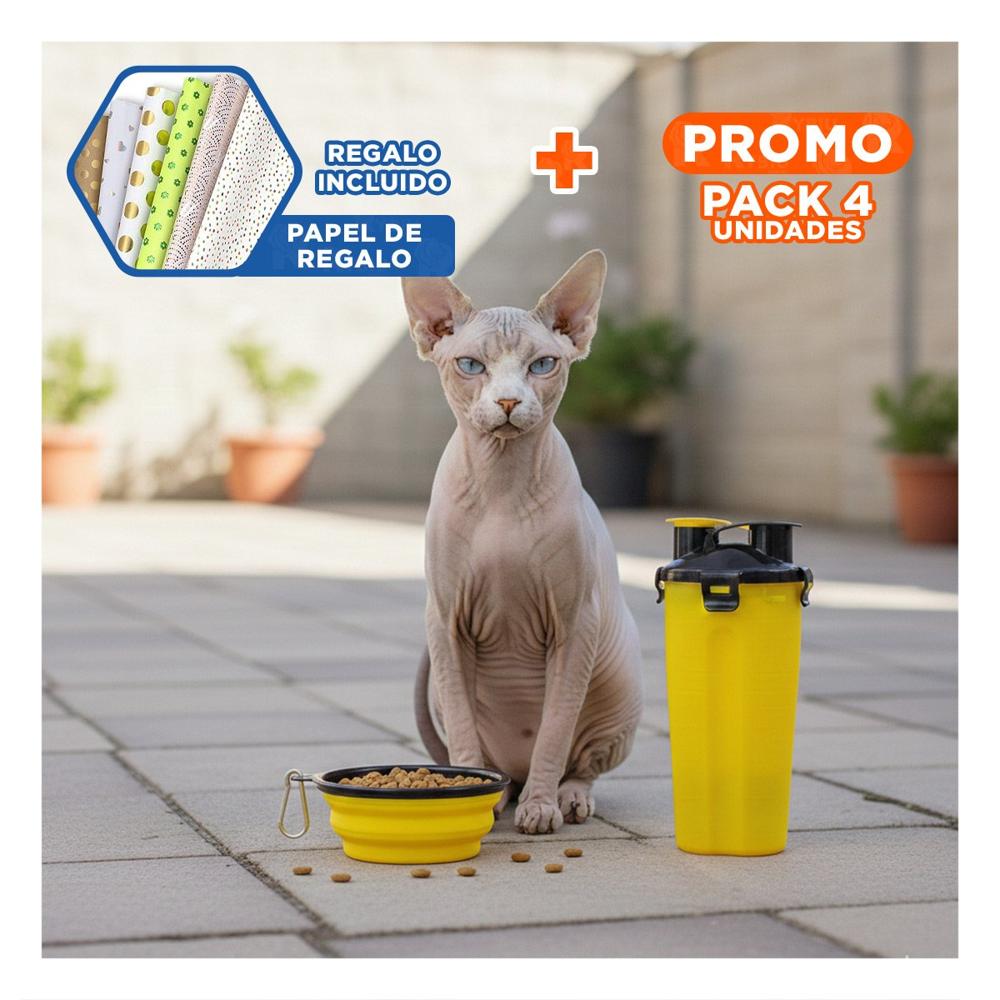 Pack4 Contenedor Portatil para Agua y Comida de Mascota Amarillo Y+Papel Regalo