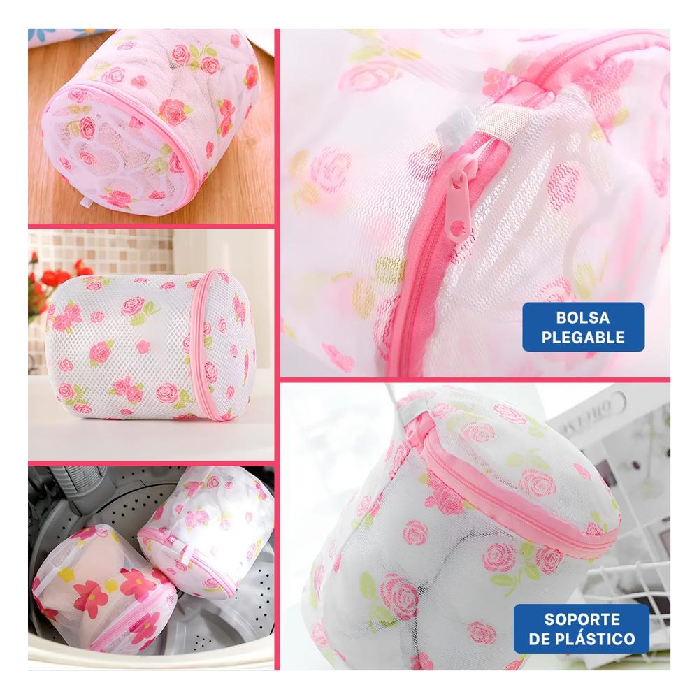Funda Malla para Lavar Ropa Diseno Cilindro Blanco con Flores Suave Hogar
