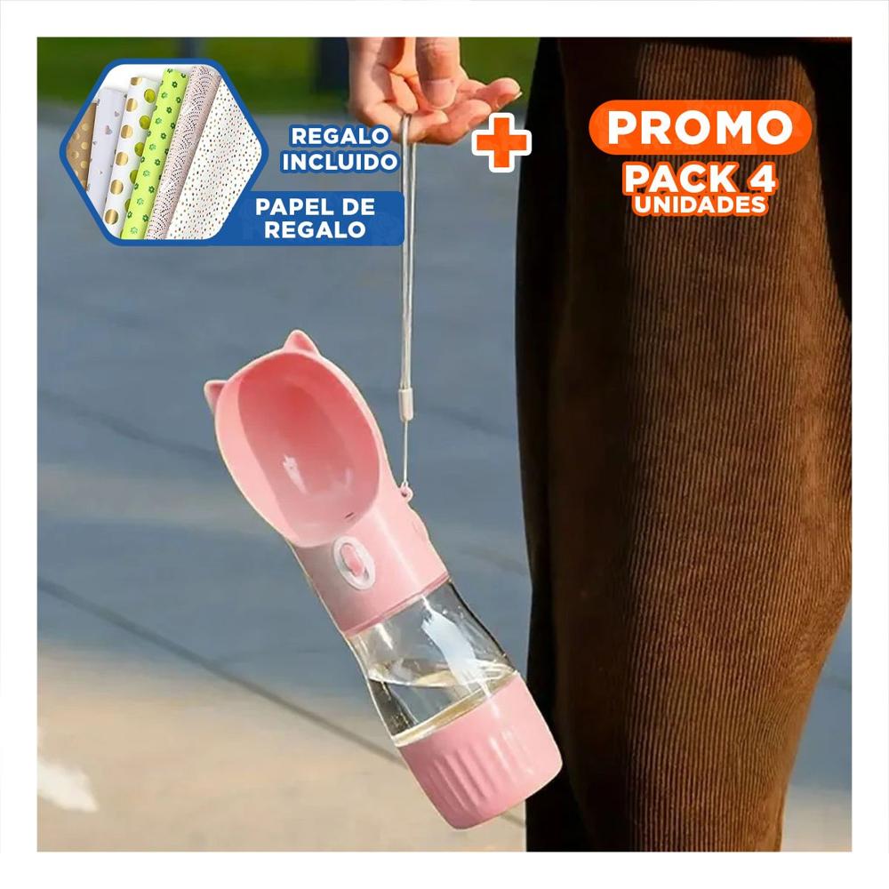 Pack4 Botella Compacta Gato Rosado para Mochila Escolar Y+Papel Regalo