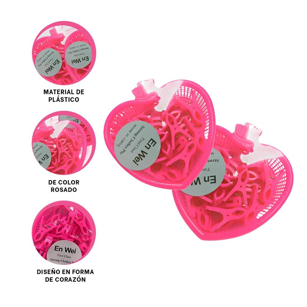 Canasta Innovadora Rosado Corazon con 24 Ganchos para Lavanderia Y+Ligas Regalo