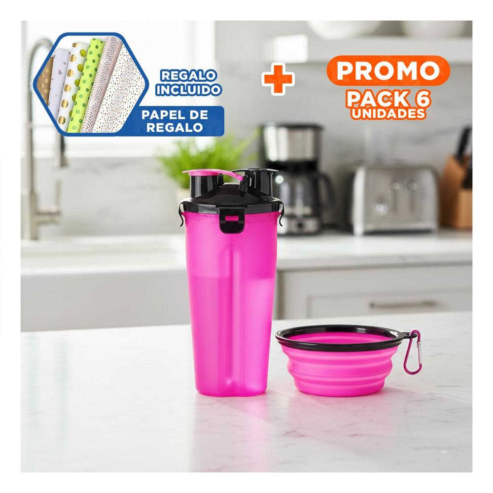 Pack6 Contenedor de Viaje para Mascota con Plato Plegable Rosado Y+Papel Regalo