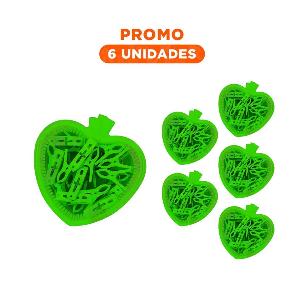 Pack6 Canasta Resistente Verde Diseño de Corazon con 24 Ganchos de Ropa