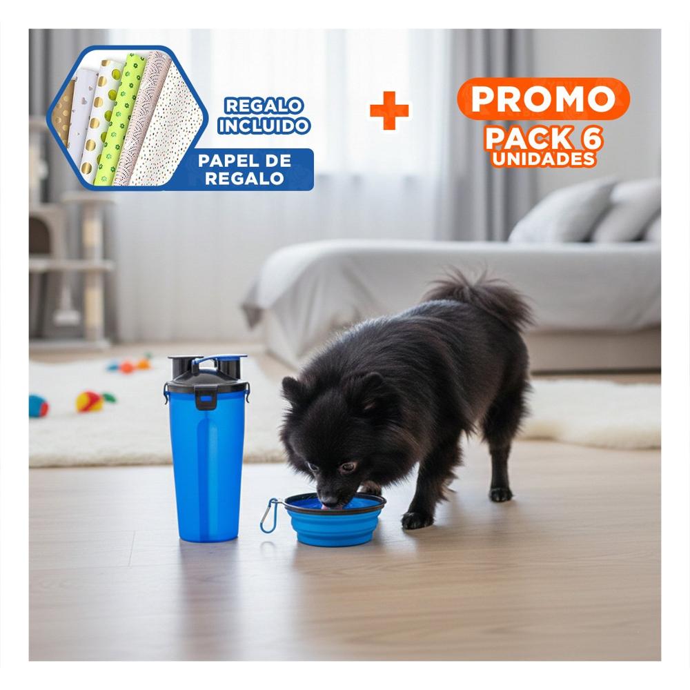 Pack6 Contenedor de Viaje para Mascota con Plato Plegable Azul Y+Papel Regalo