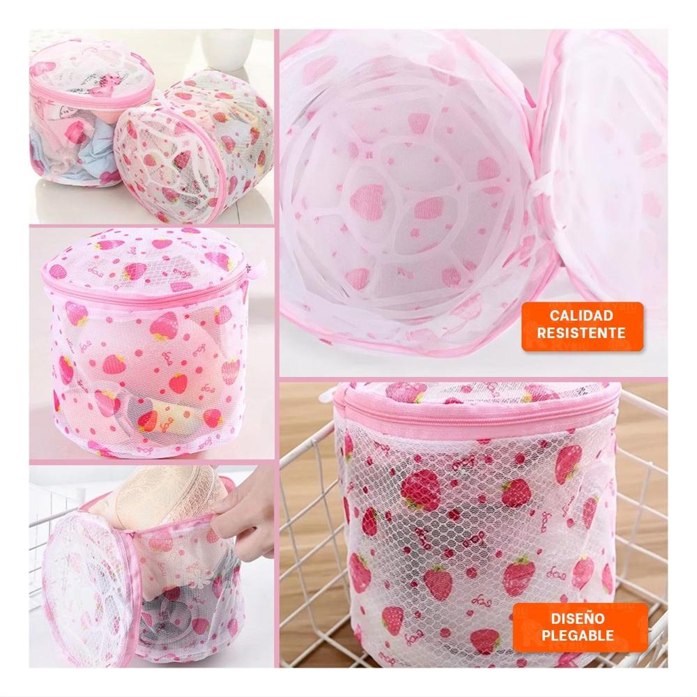 Funda Malla para Lavar Ropa Diseno Cilindro Blanco con Fresas Suave Hogar