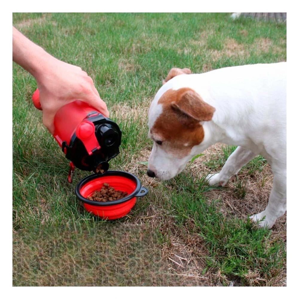 Recipiente Portatil con Plato Plegable para Mascota Rojo Y+Ligas Regalo