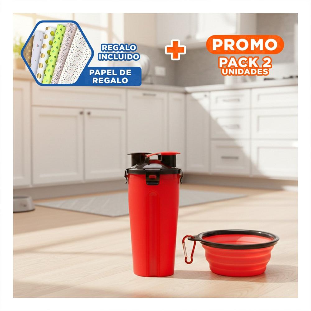 Pack2 Recipiente Compacto para Agua y Comida Rojo Y+Papel Regalo