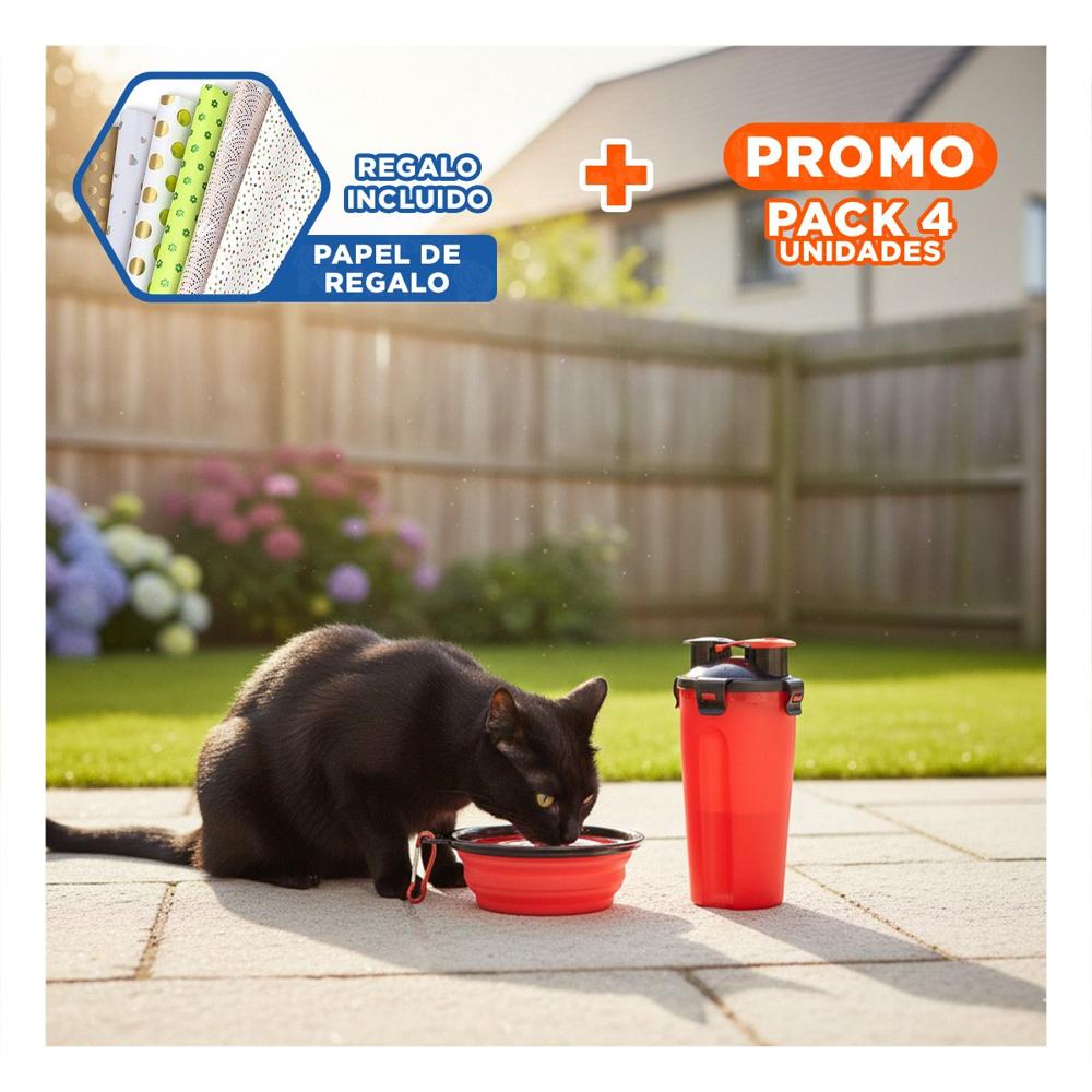 Pack4 Contenedor con Plato Plegable Integrado para Mascota Rojo Y+Papel Regalo