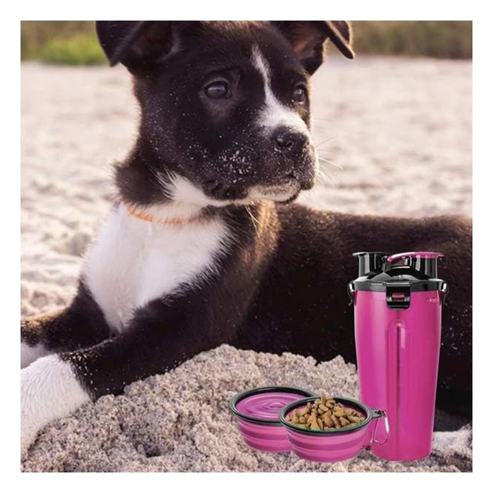 Recipiente Portatil con Plato Plegable para Mascota Rosado Y+Ligas Regalo