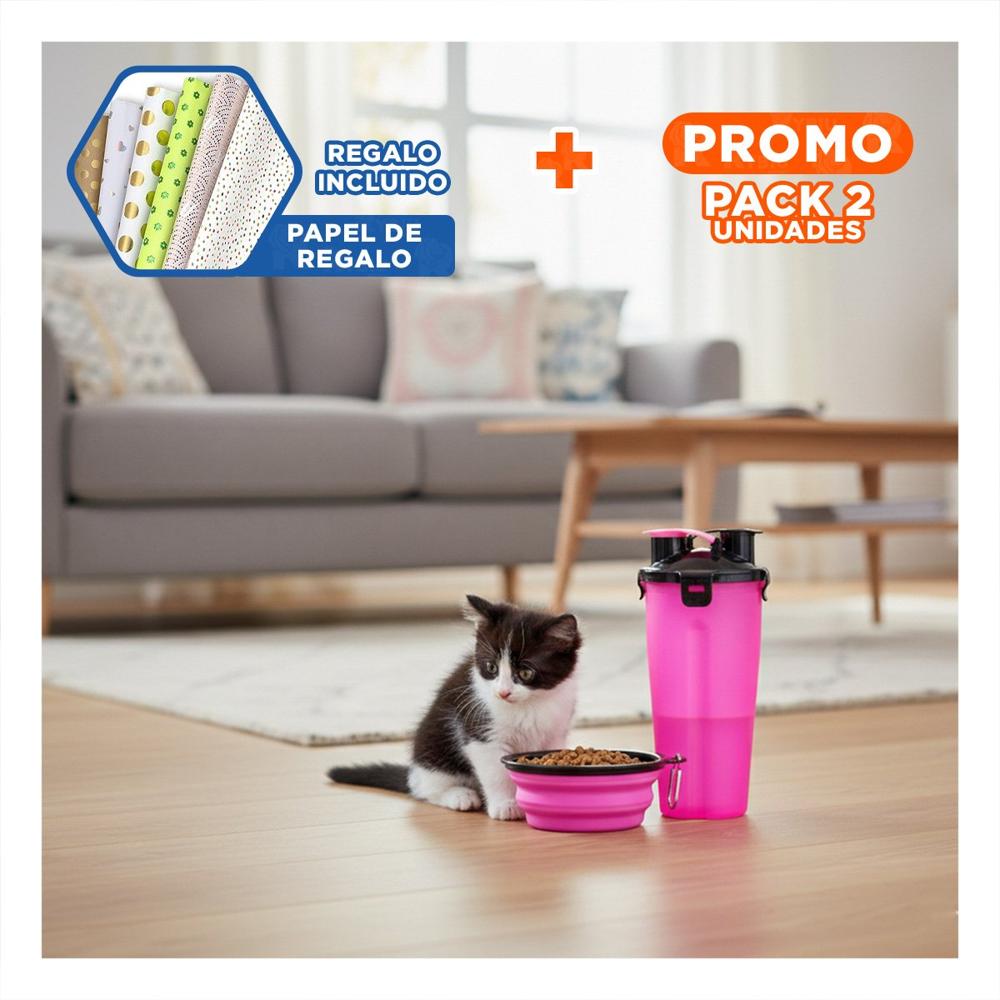 Pack2 Recipiente Compacto para Agua y Comida Rosado Y+Papel Regalo