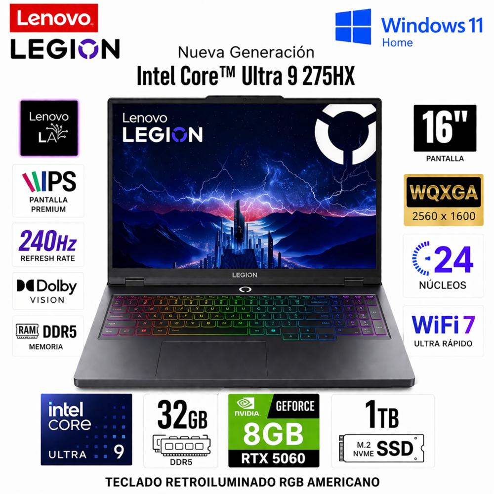 Laptop Lenovo Legion 5 16IAX10 Intel Core Ultra 9 275HX 32GB RAM 1TB  RTX 5060 16 PULG  83NX0000US