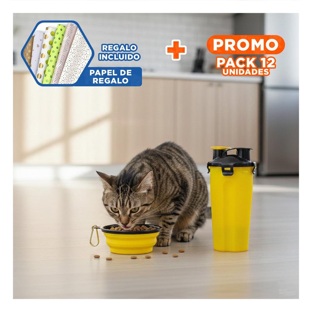 Pack12 Plato Plegable con Comedero y Bebedero Amarillo Y+Papel Regalo