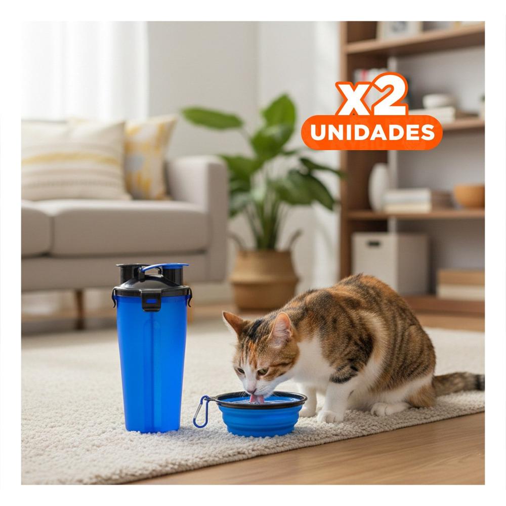 Pack2 Recipiente Practico con Plato Plegable para Mascota Azul Y+Regalo Sticker