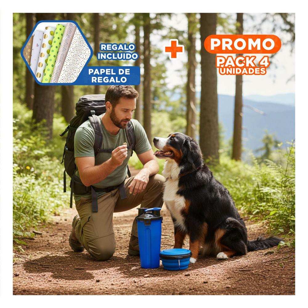 Pack4 Contenedor con Plato Plegable Integrado para Mascota Azul Y+Papel Regalo