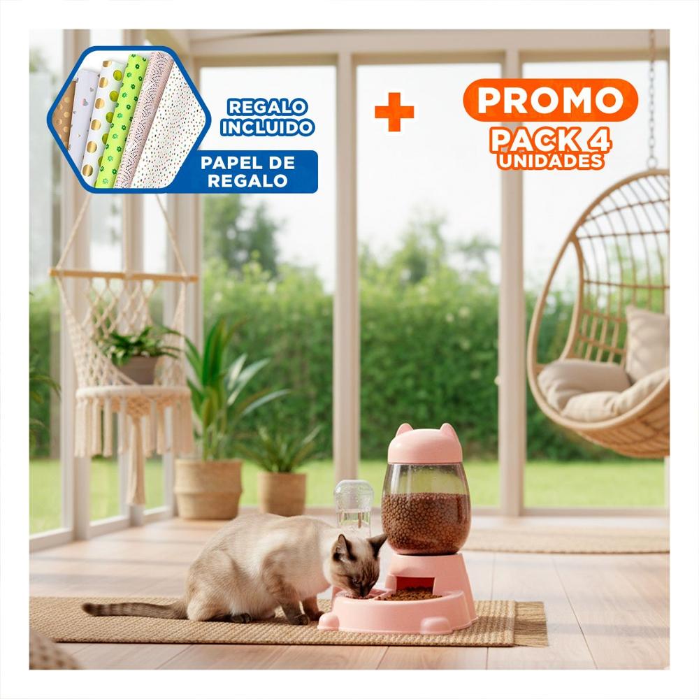 Pack4 Plato Doble Pet Gato Blanco Rosado Portatil Y+Papel Regalo
