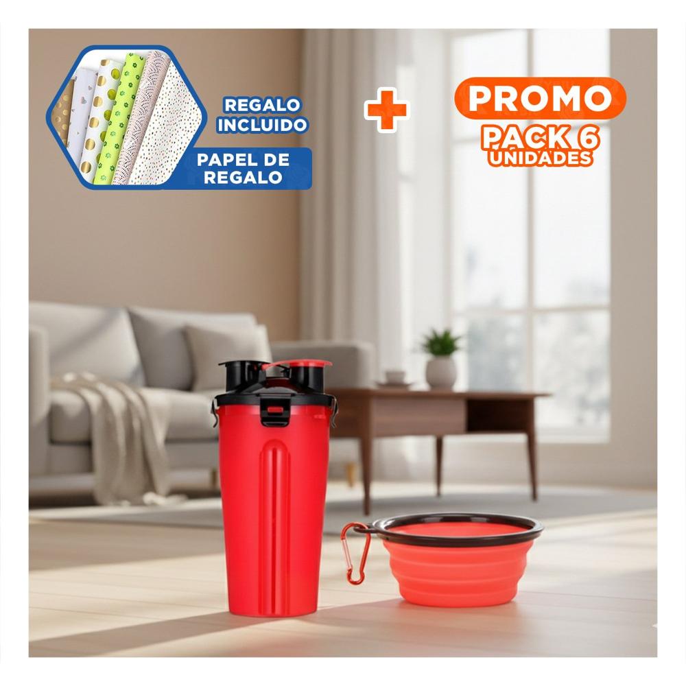 Pack6 Contenedor de Viaje para Mascota con Plato Plegable Rojo Y+Papel Regalo