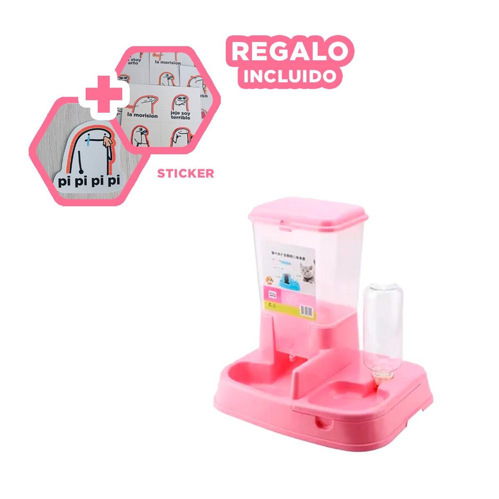 Bebedero Combinado Rosado para Mascota Comodo y Seguro Antideslizante Y+Regalo Sticker