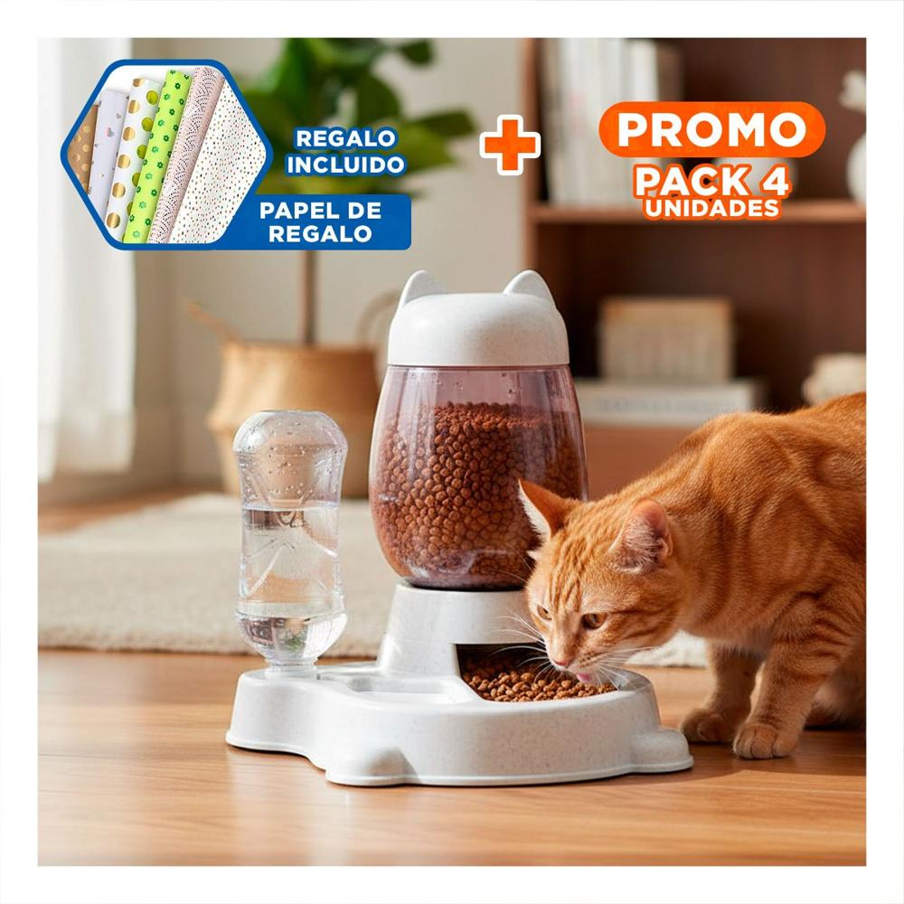 Pack4 Bebida y Plato Unido Pet Gato Blanco Blanco Moderno Y+Papel Regalo