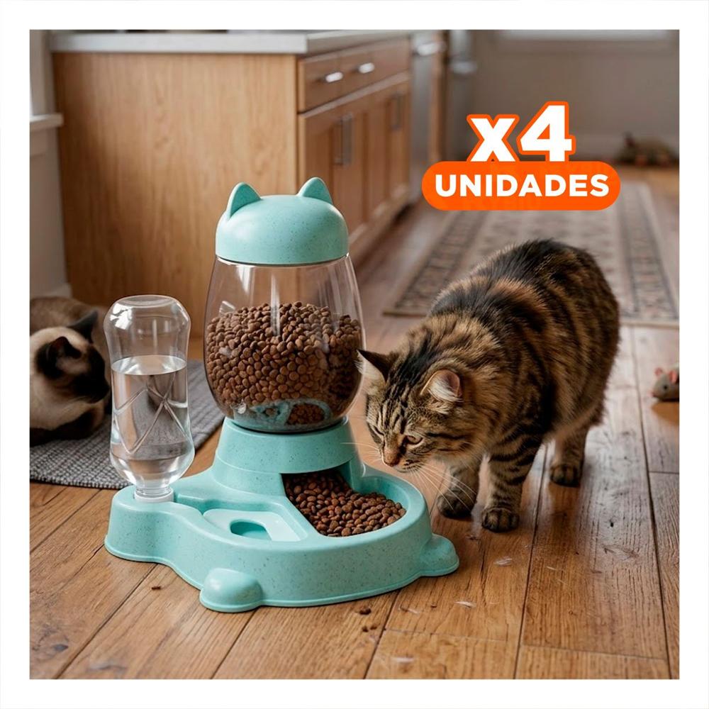 Pack4 Bebida y Plato Unido Pet Gato Blanco Celeste Moderno