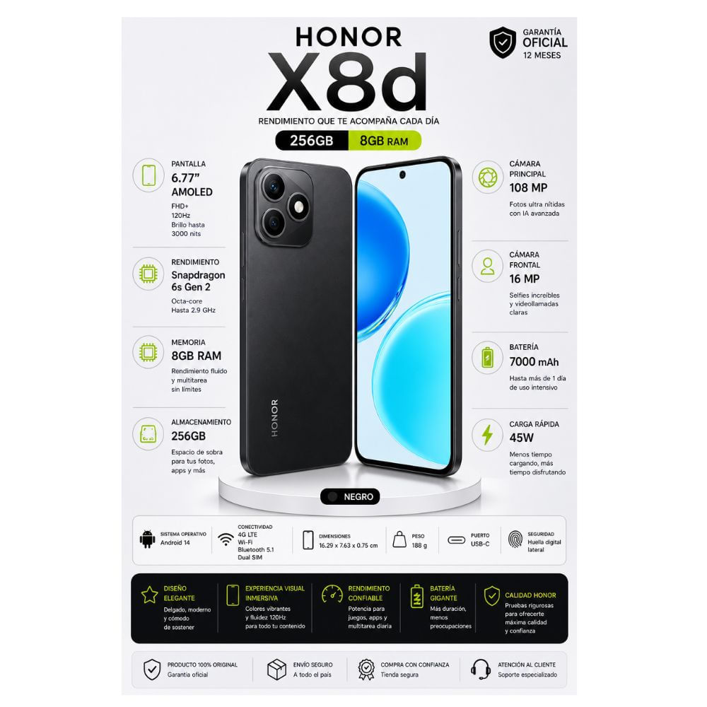 CELULAR HONOR X8d 256GB 8GB Negro