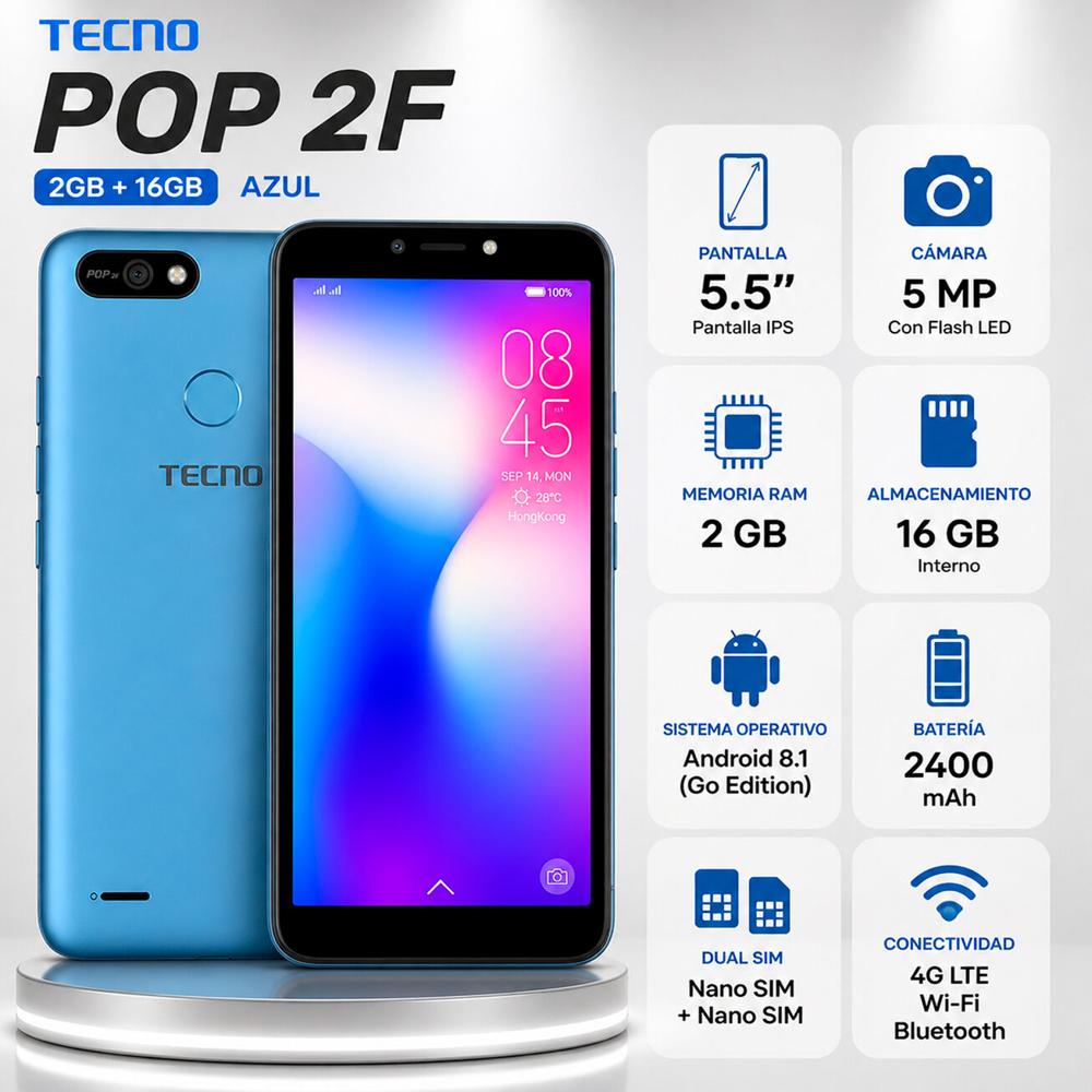 CELULAR TECNO POP 2F 2GB -16GB AZUL