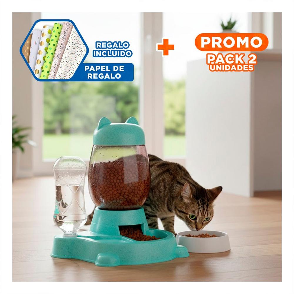 Pack2 Alimento Doble Pet Gato Blanco Celeste Portatil Y+Papel Regalo
