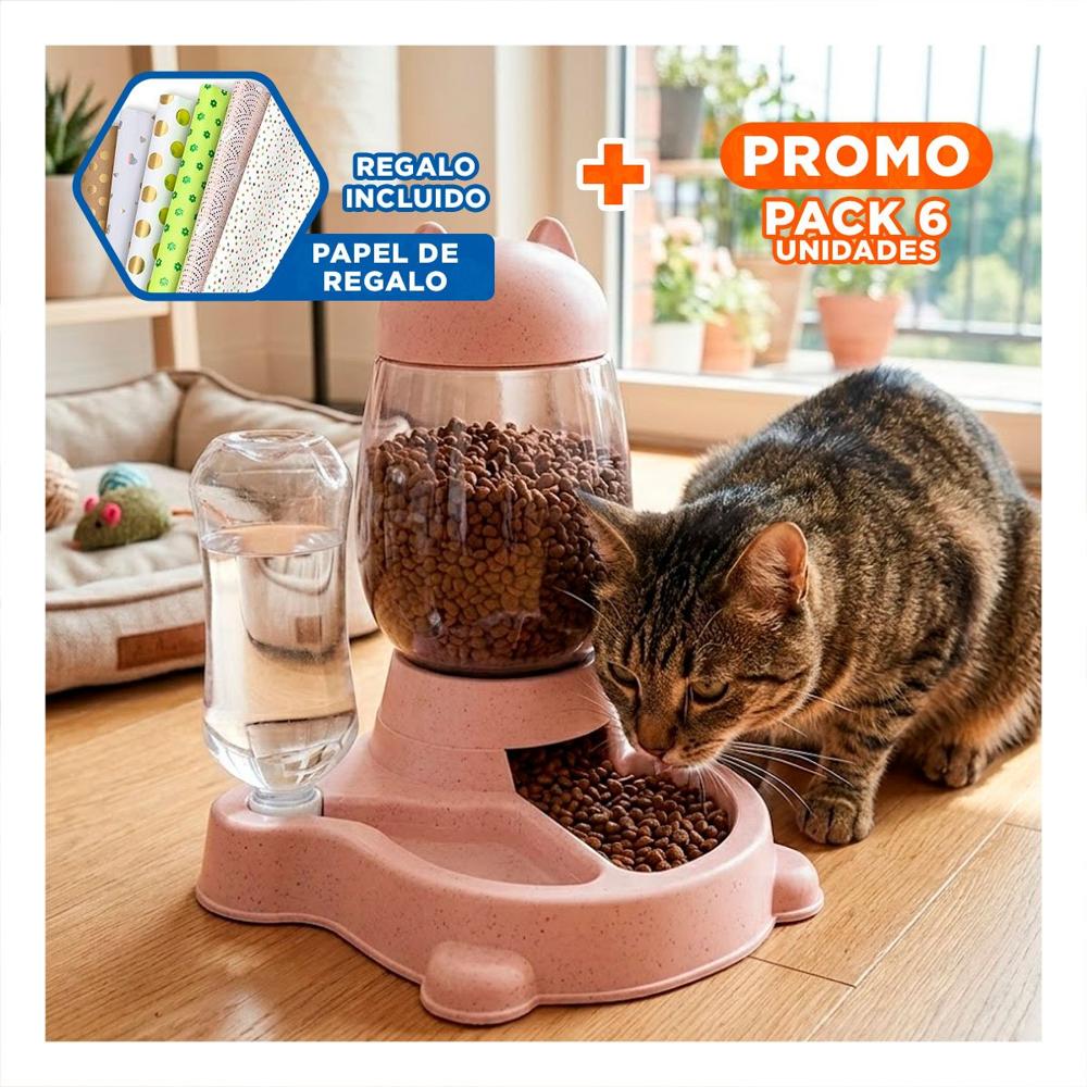 Pack6 Comida Doble Pet Gato Blanco Rosado para Casa Y+Papel Regalo