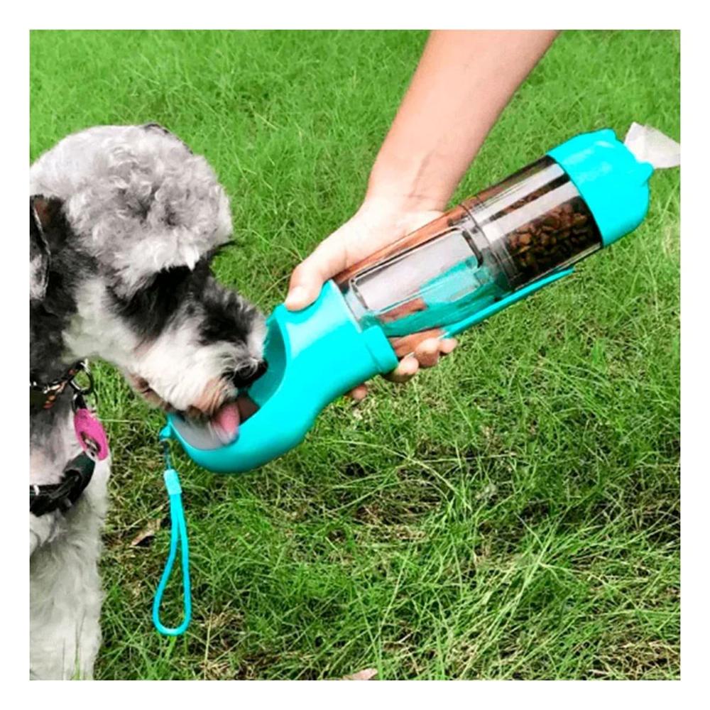 Sistema 4 en 1 Dispensador con Bolsita Celeste Mediano para Mascota Y+Ligas Regalo