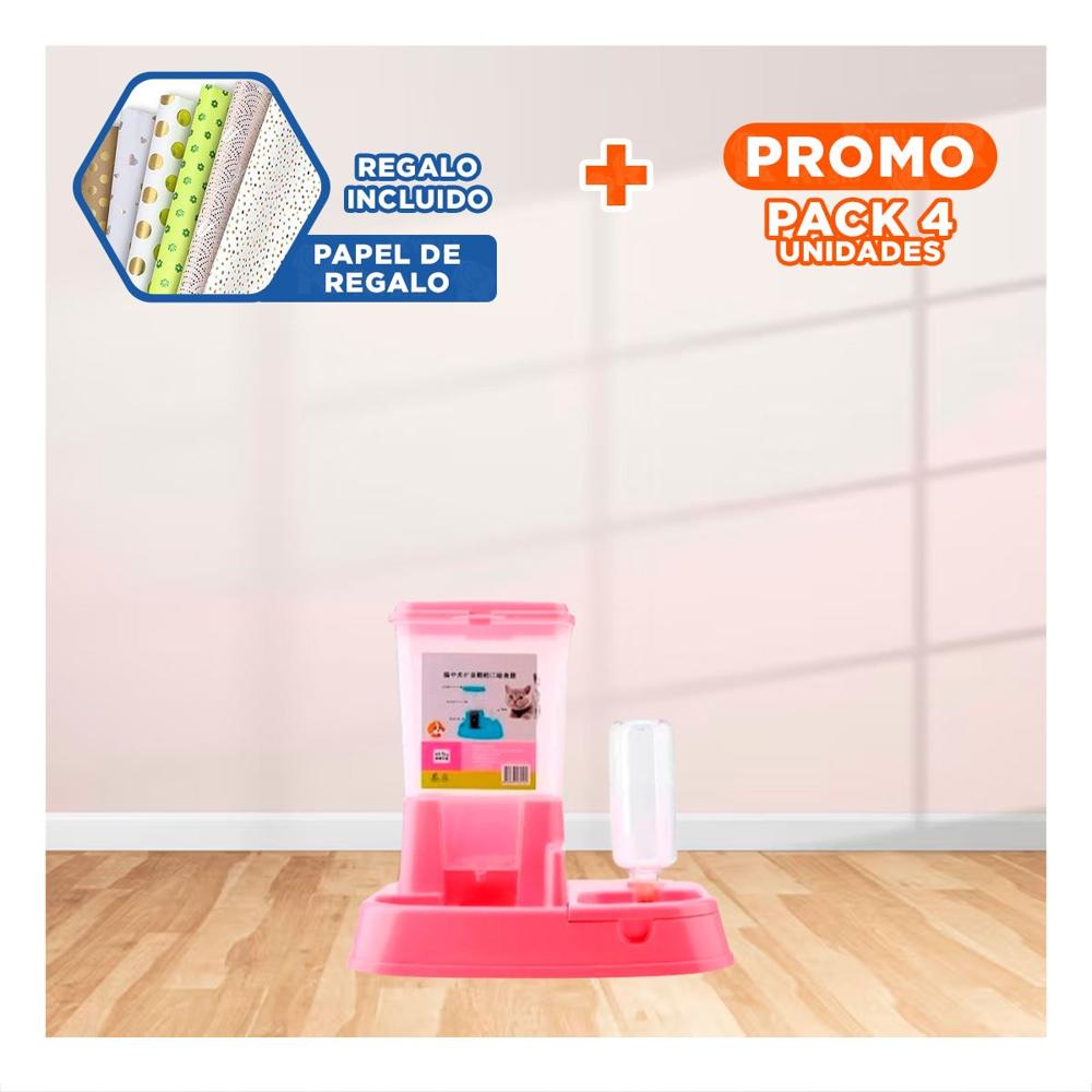 Pack4 Sistema de Comida y Bebida para Mascota Rosado Durable y Estable Y+Papel Regalo