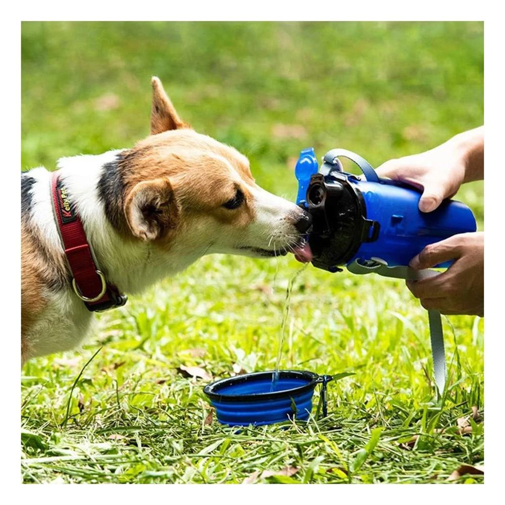 Recipiente Portatil con Plato Plegable para Mascota Azul Y+Ligas Regalo