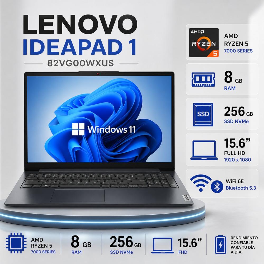 Laptop Lenovo Ideapad 1 15AMN7 AMD Ryzen 5-7520U 8GB RAM 256GB SSD 15.6 FHD - 82VG00WXUS
