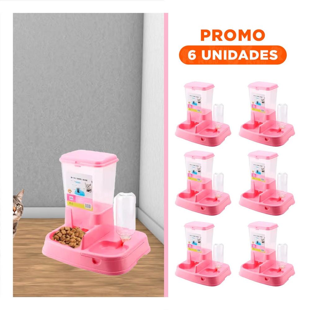 Pack6 Sistema de Comida y Bebida Rosado para Mascota Firme y Practico