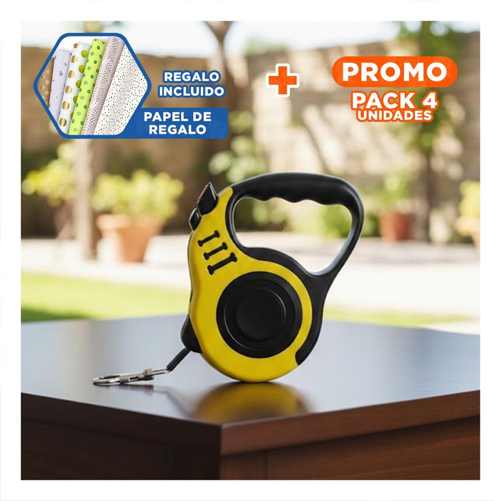 Pack4 Cinta Confiable y Retractil Amarillo para Perros con Mecanismo Seguro Y+Papel Regalo