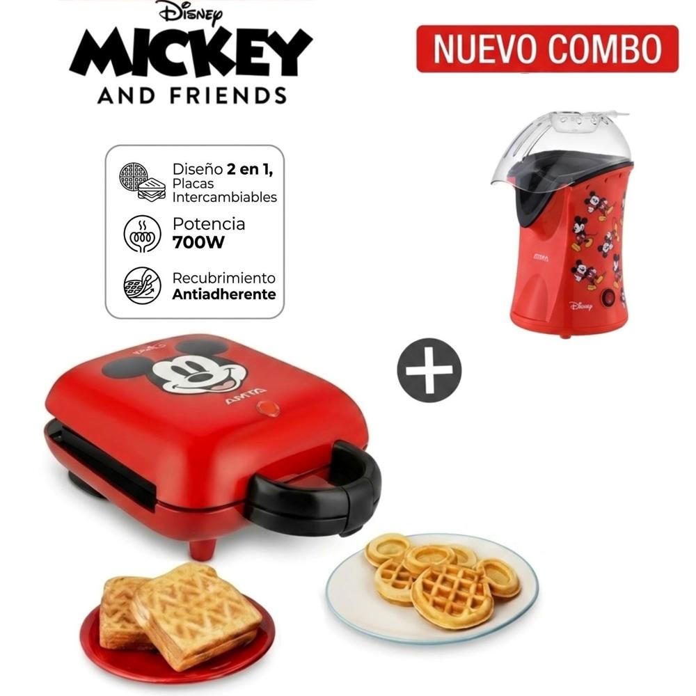 COMBO Waflera Sandwichera Atma de Mickey Disney - Pop Corn Maker Canchita Sin Aceite Atma Disney