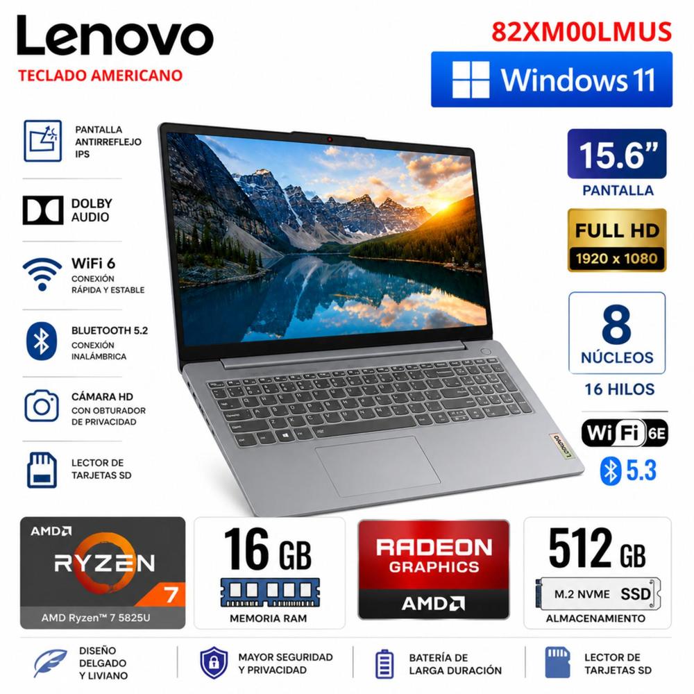 ENOVO IDEAPAD SLIM 3 15ABR8 AMD RYZEN 7 5825U 512GB SSD 16GB 15.6 FHD WIN 11 82XM00LMUS